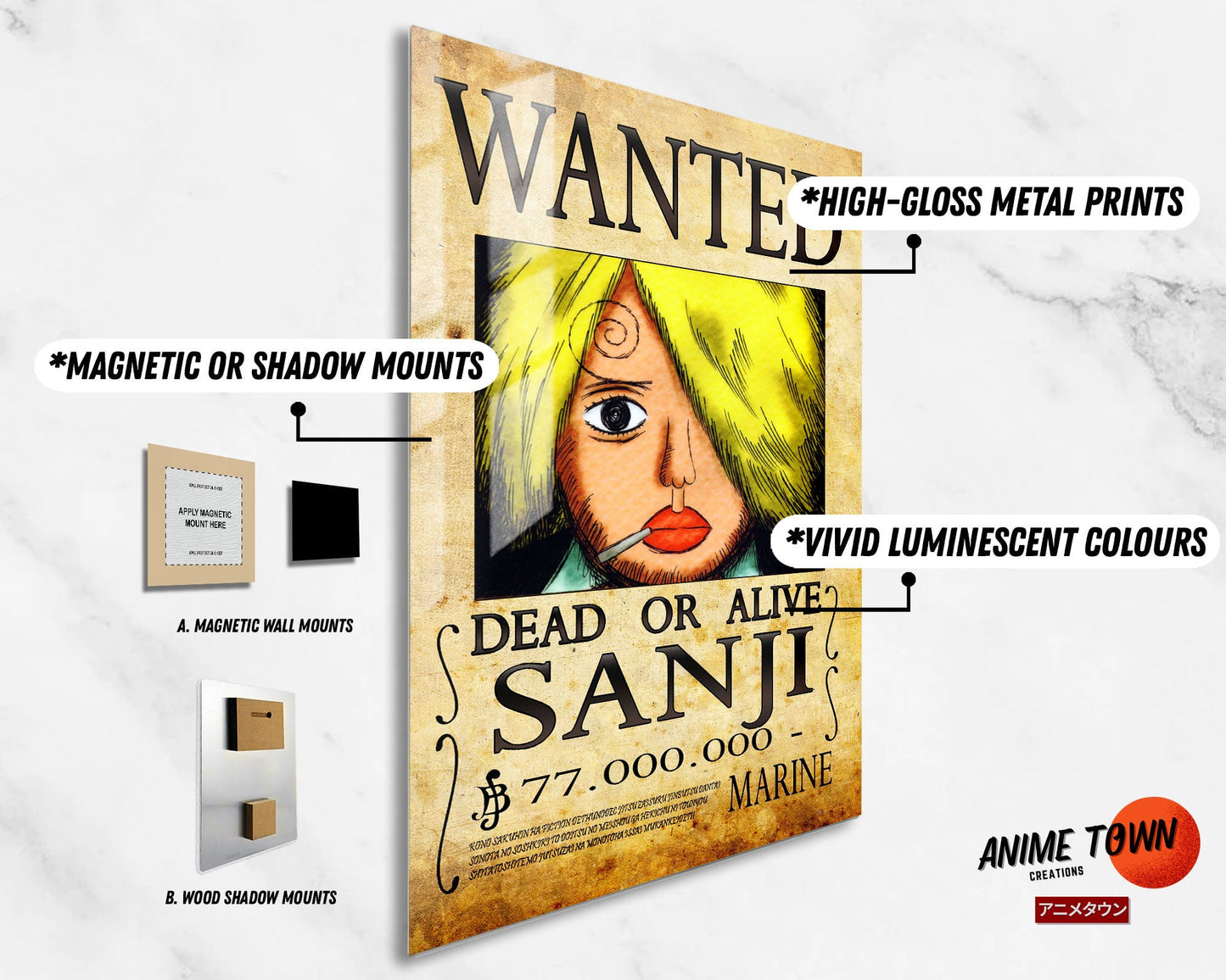 Anime Town Creations Metal Poster One Piece Sanji Wanted Poster 11" x 17" Home Goods - Anime One Piece Metal Poster