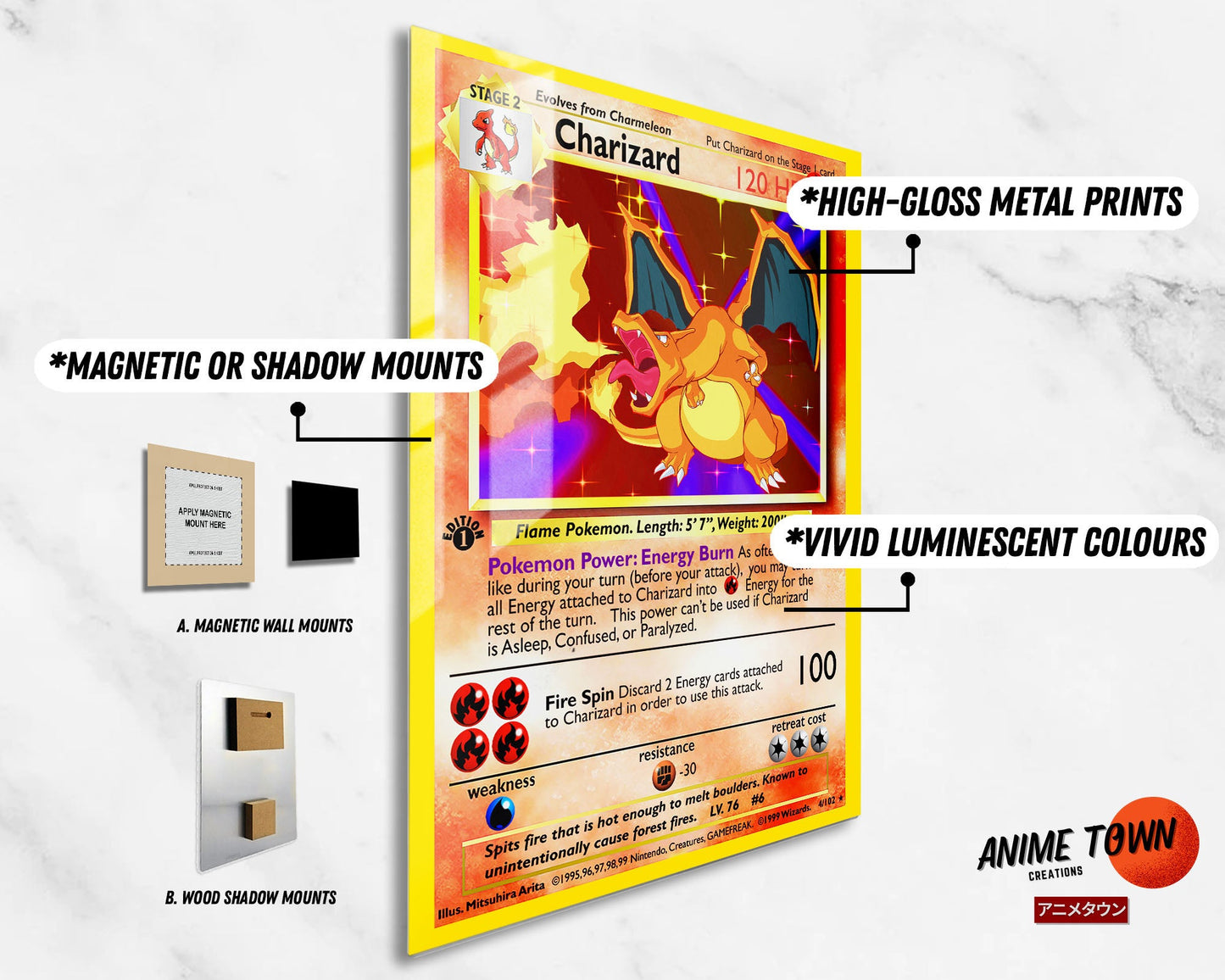 Anime Town Creations Metal Poster Charizard Pokemon Card 11" x 17" Home Goods - Anime Pokemon Metal Poster