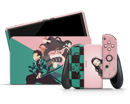 Anime Town Creations Nintendo Switch OLED Demon Slayer Tanjiro & Nezuko Vinyl +Tempered Glass Skins - Anime Demon Slayer Switch OLED Skin