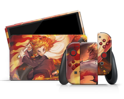 Anime Town Creations Nintendo Switch OLED Demon Slayer Kyojuro Rengoku Vinyl +Tempered Glass Skins - Anime Demon Slayer Switch OLED Skin