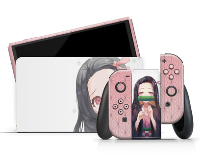 Anime Town Creations Nintendo Switch OLED Demon Slayer Kawaii Nezuko Vinyl +Tempered Glass Skins - Anime Demon Slayer Switch OLED Skin