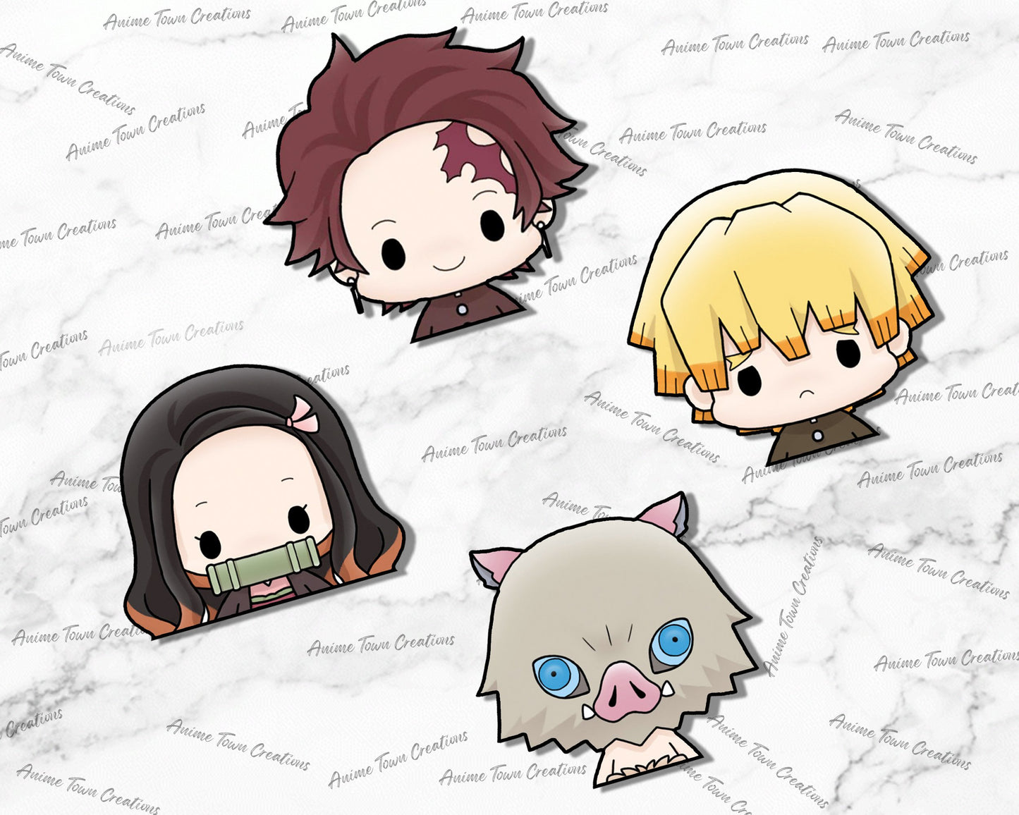Anime Town Creations Sticker Pack Chibi Demon Slayer Gang Peeker | Nezuko, Tanjiro, Zenitsu, Inosuke 5" Accessories - Anime Demon Slayer Pack